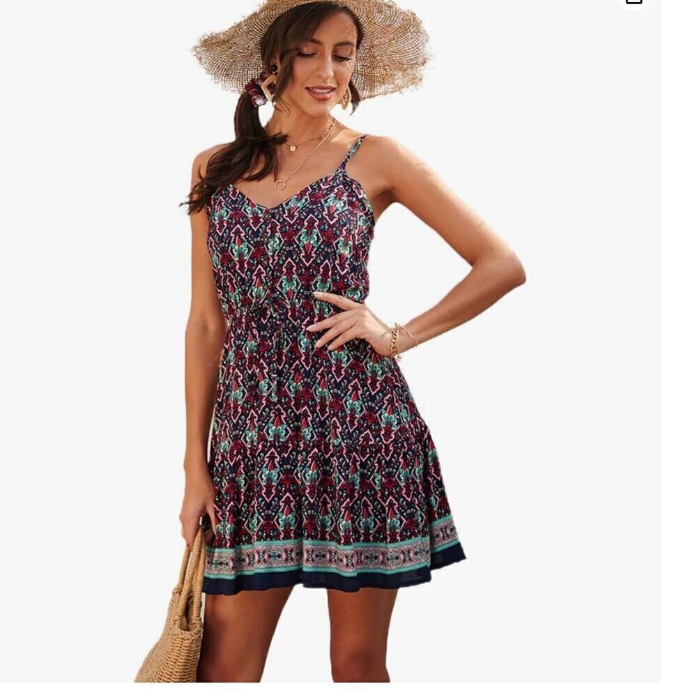 PrettyGarden Summer Floral Print Dress V-Neck Sleeveless Drawstring Waist Size S